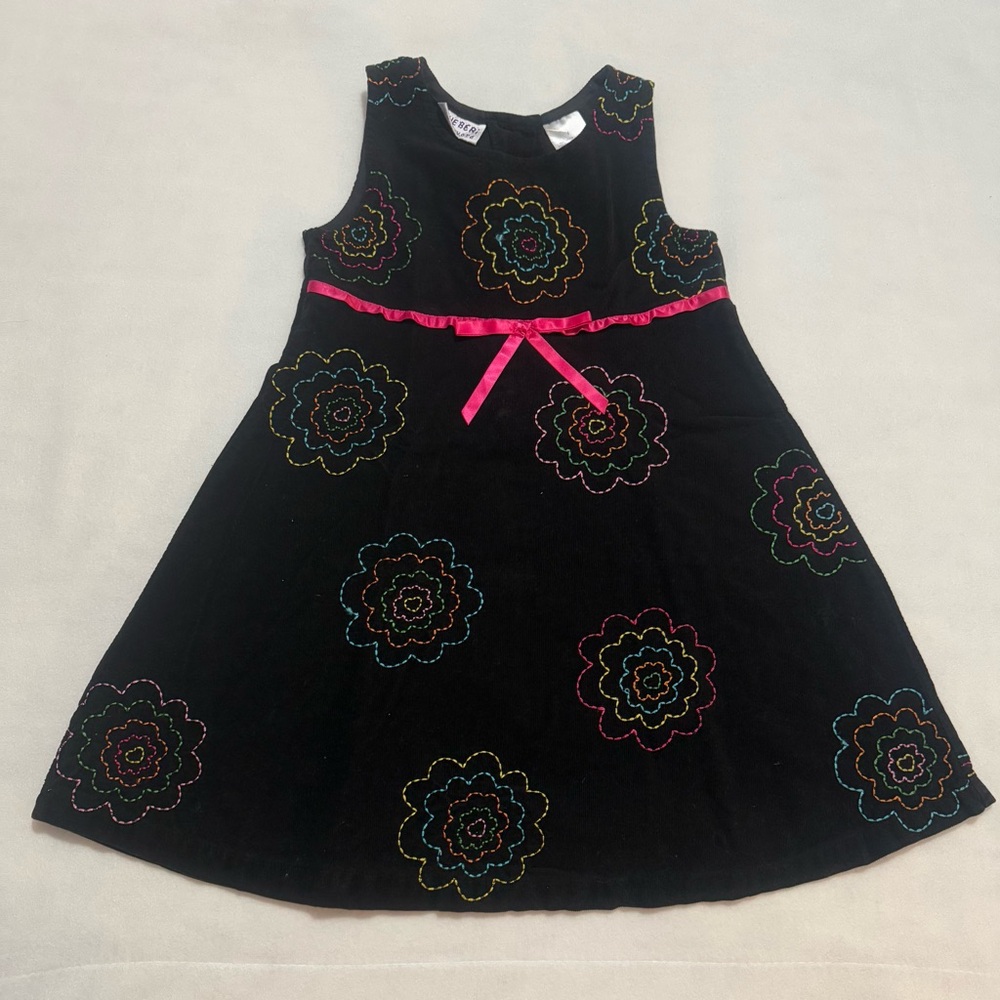 Black Corduroy A line Dress with Pink Ribbon and Multi Color Embroidered